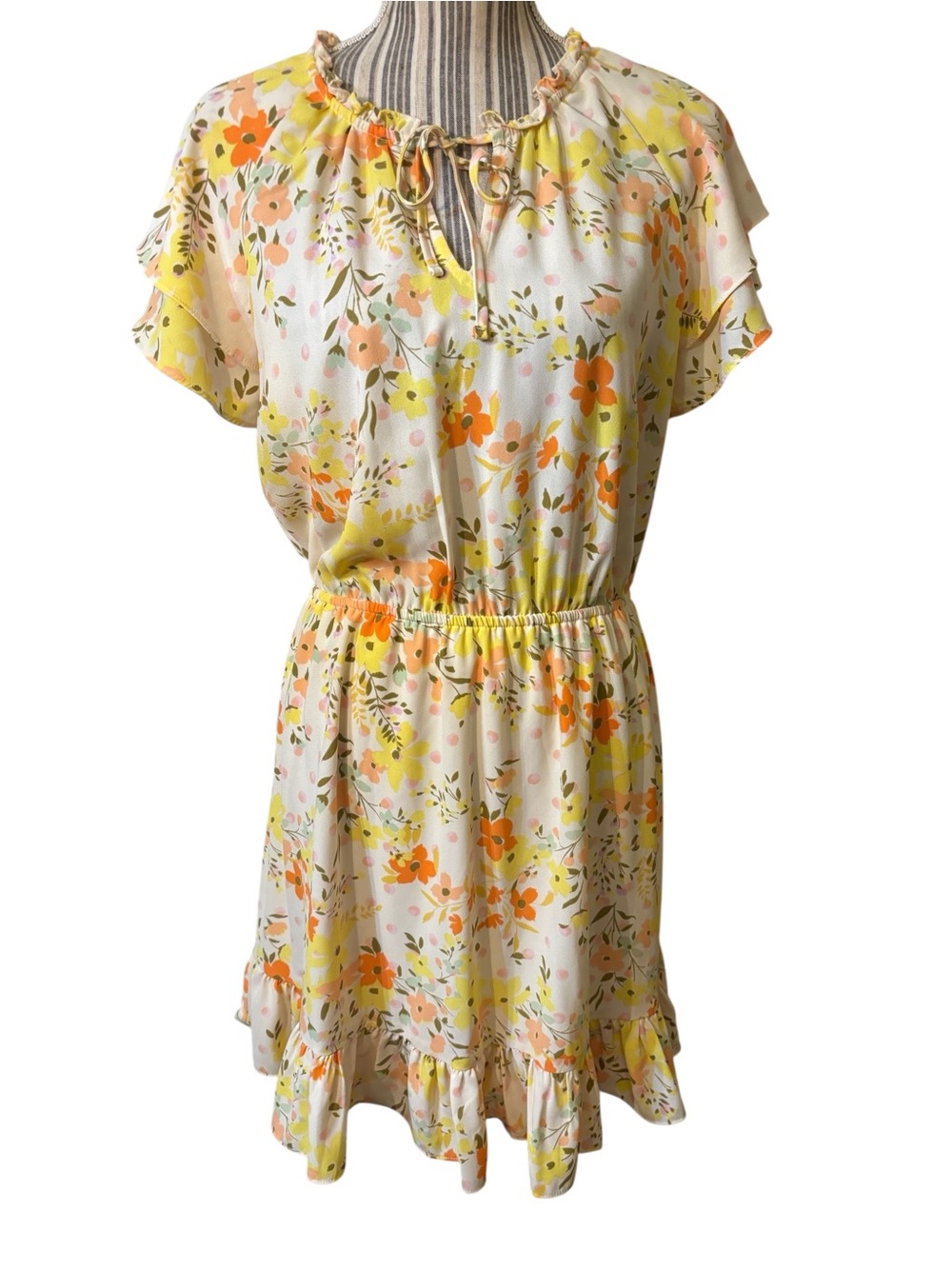 LC Lauren Conrad Dress Medium Cream Floral Yellow & Orange Tie-Neck Mini Ruffled